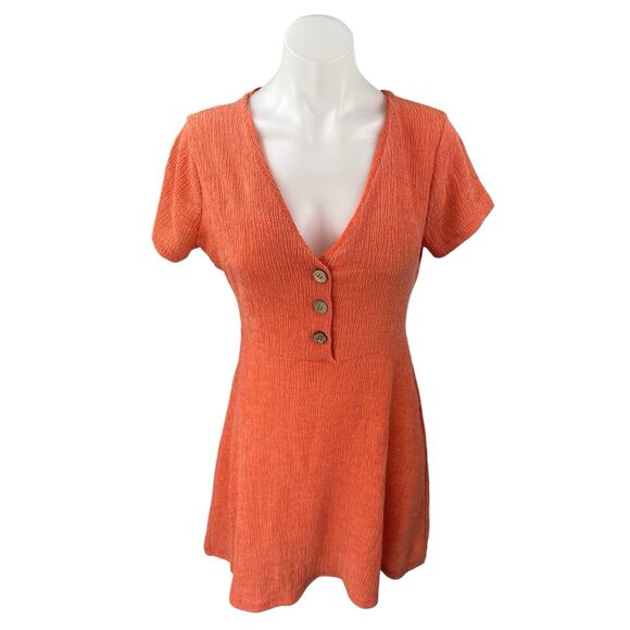 Pull & Bear Coral Short Sleeve Textured Deep V Neck Henley Skater Mini Dress S - Picture 1 of 3